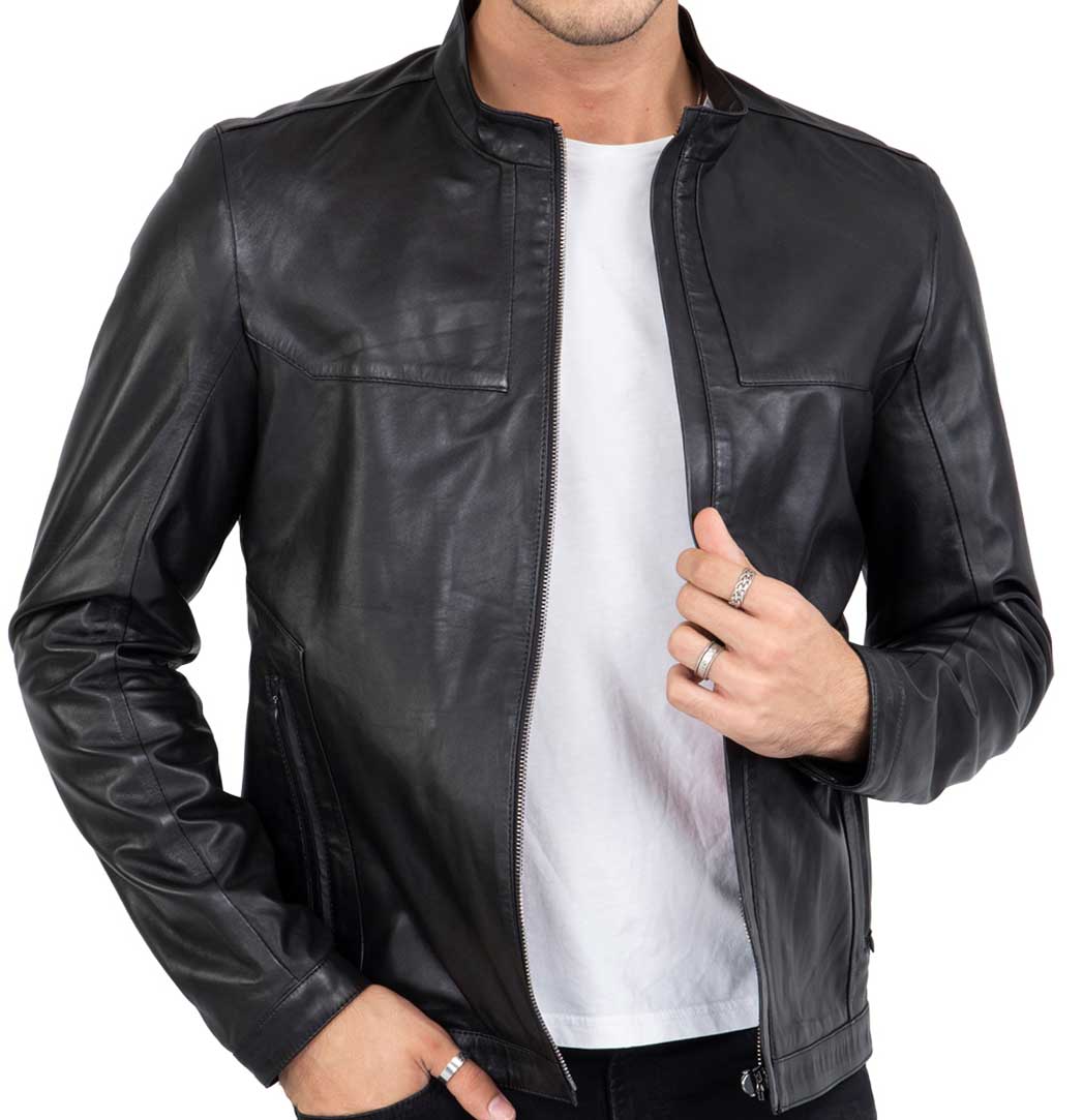 Jaqueta de couro premium de cordeiro preta estilo motociclista para homem, corte sob medida - B207