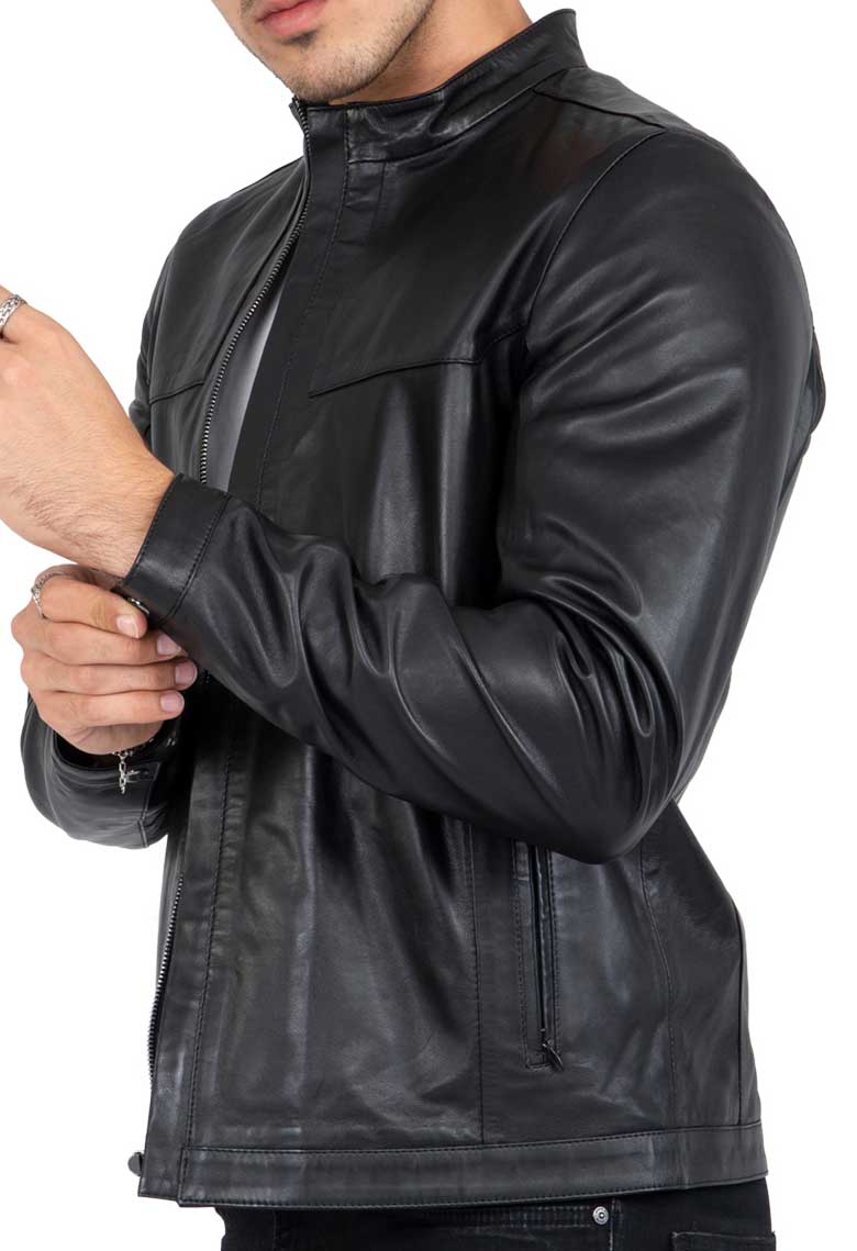 Jaqueta de couro premium de cordeiro preta estilo motociclista para homem, corte sob medida - B207
