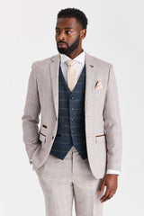 Terno bege Leo com colete de tweed azul-marinho Harris