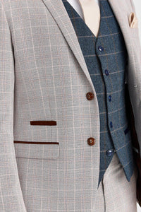 Terno bege Leo com colete de tweed azul-marinho Harris