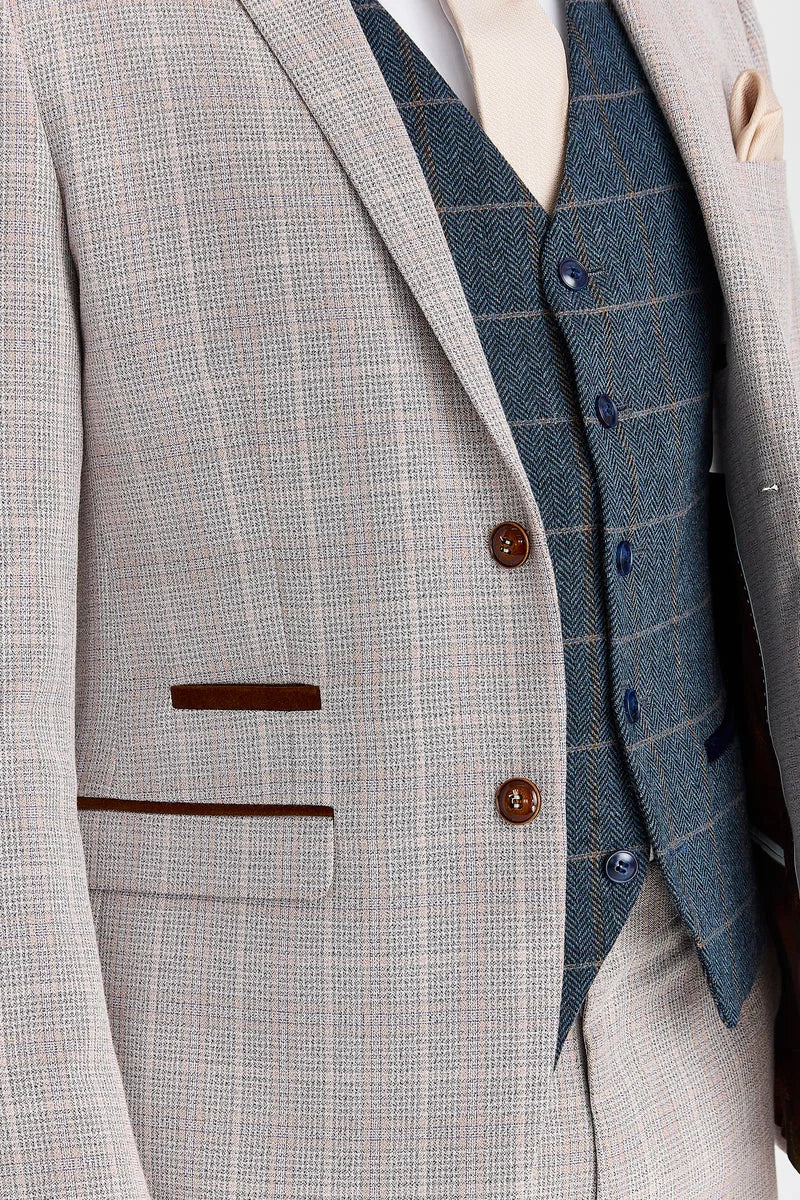 Terno bege Leo com colete de tweed azul-marinho Harris