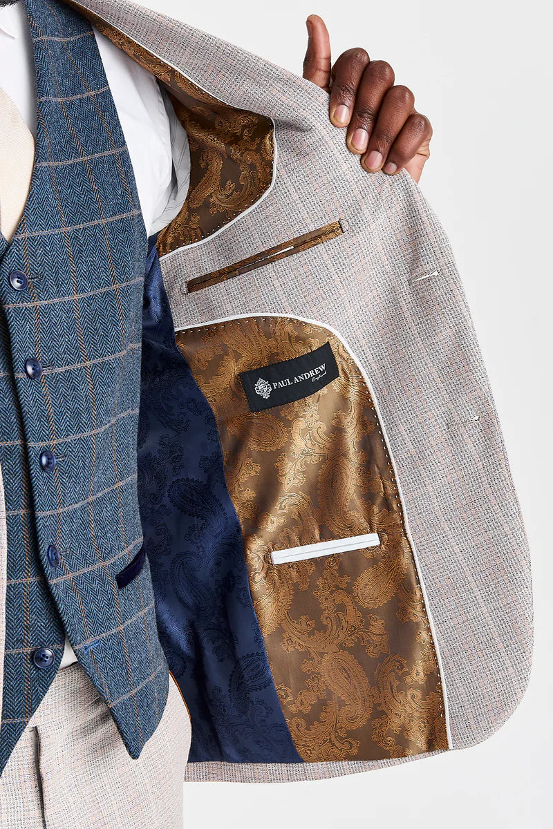 Terno bege Leo com colete de tweed azul-marinho Harris