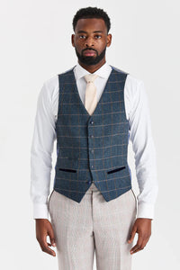 Terno bege Leo com colete de tweed azul-marinho Harris