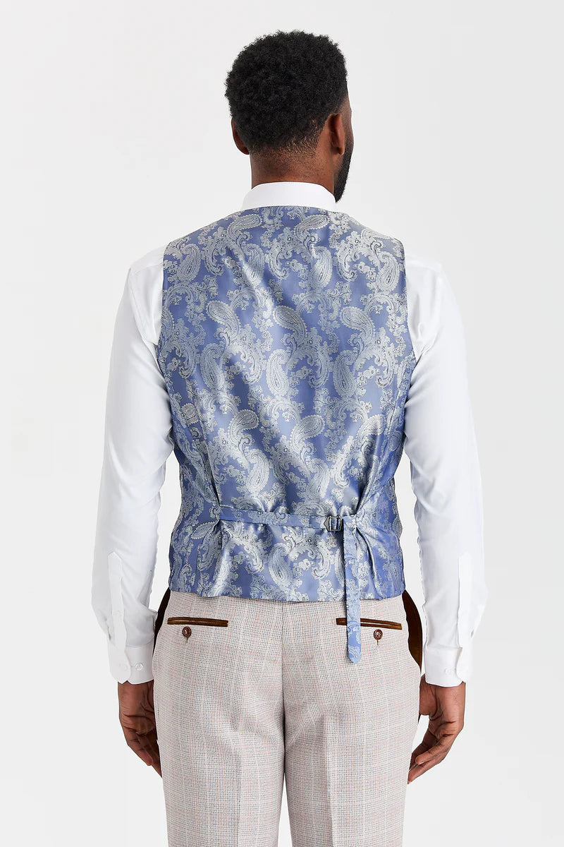 Terno bege Leo com colete de tweed azul-marinho Harris