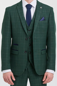 Leo - Terno masculino verde de três peças com estampa xadrez e corte sob medida.
