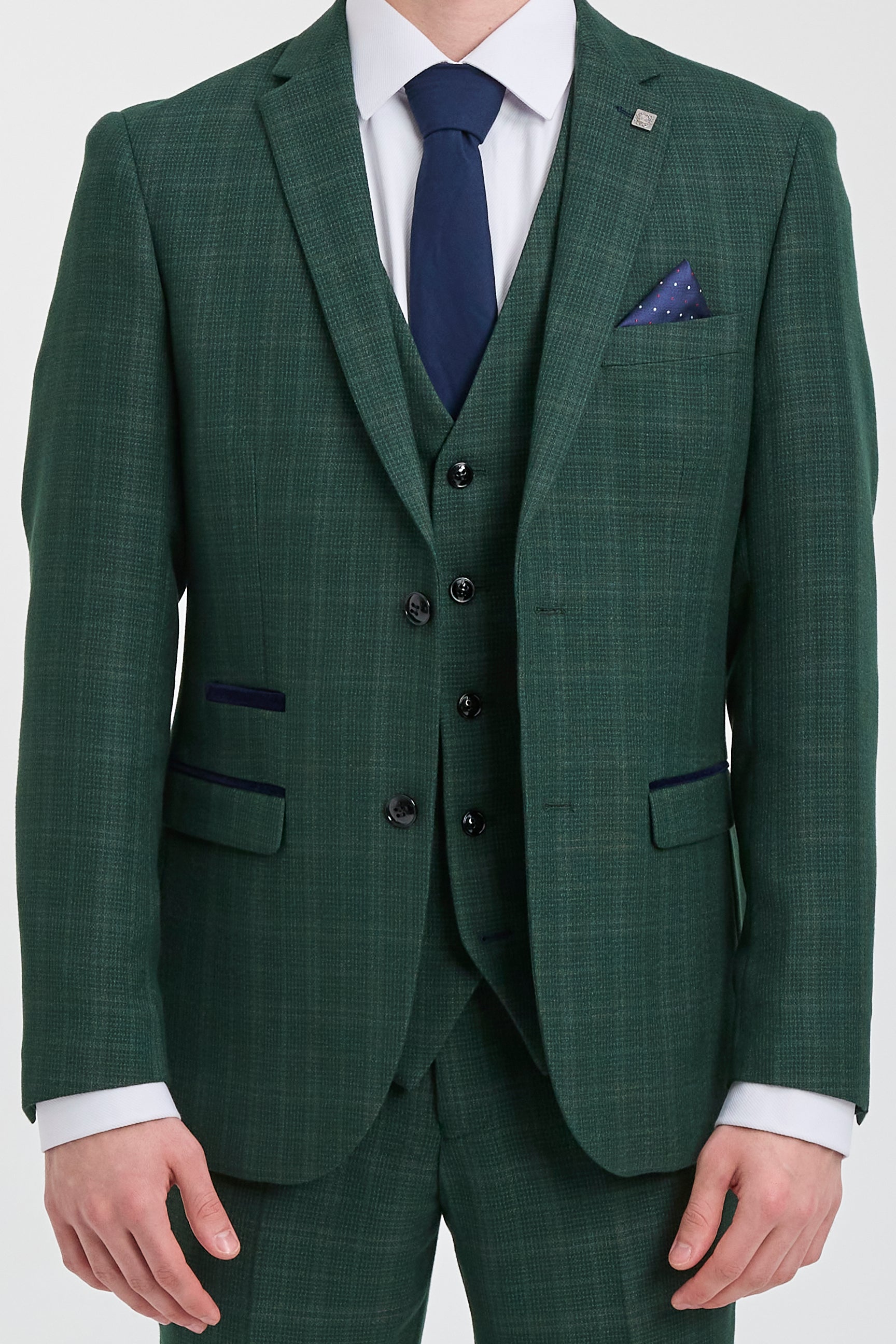 Leo - Terno masculino verde de três peças com estampa xadrez e corte sob medida.