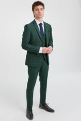 Leo - Terno masculino verde de três peças com estampa xadrez e corte sob medida.
