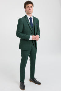 Leo - Terno masculino verde de três peças com estampa xadrez e corte sob medida.