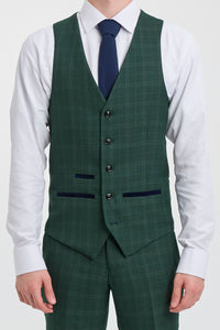 Leo - Terno masculino verde de três peças com estampa xadrez e corte sob medida.
