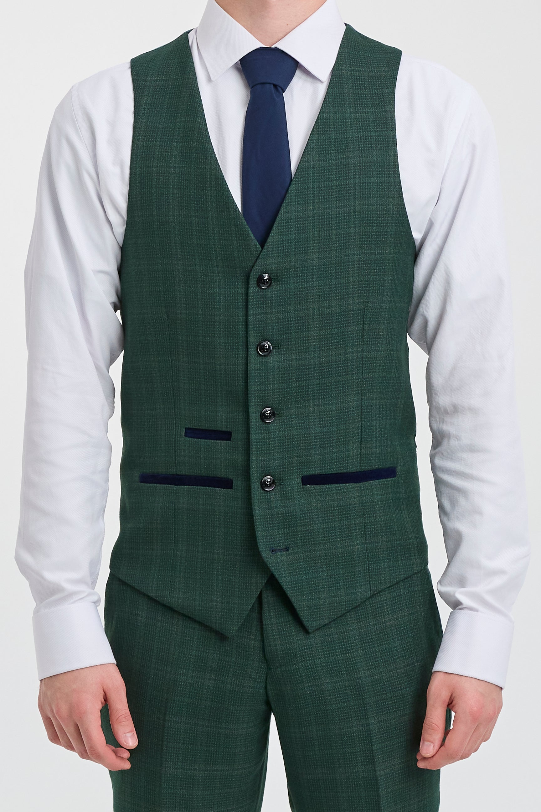 Leo - Terno masculino verde de três peças com estampa xadrez e corte sob medida.