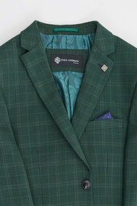 Leo - Terno masculino verde de três peças com estampa xadrez e corte sob medida.