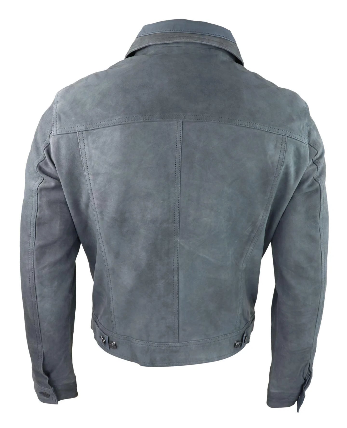 Jaqueta masculina de camurça genuína, calça jeans de couro, shorts jeans, estilo motociclista clássico vintage cinza.