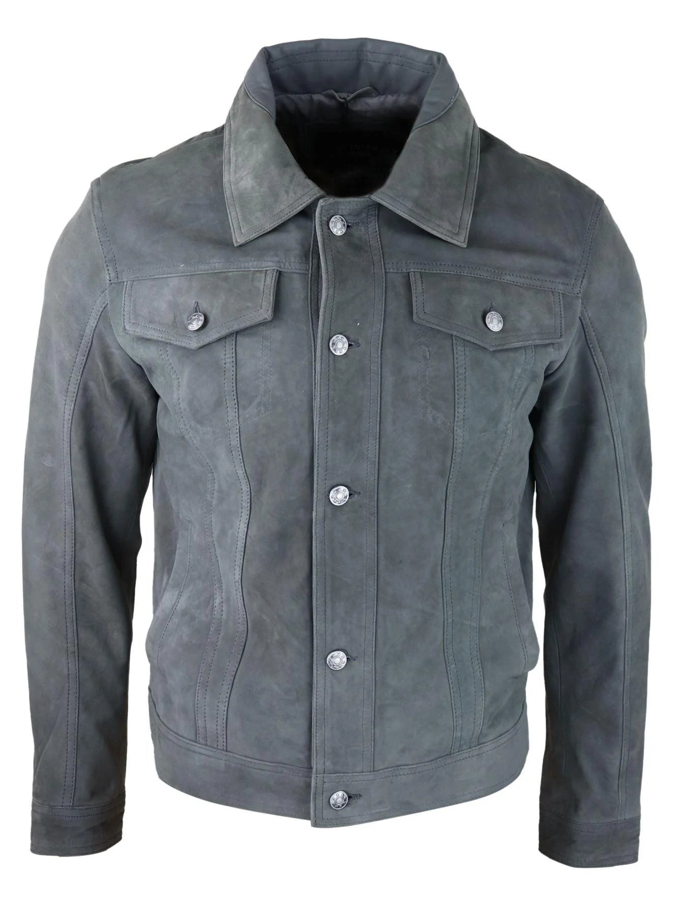 Jaqueta masculina de camurça genuína, calça jeans de couro, shorts jeans, estilo motociclista clássico vintage cinza.
