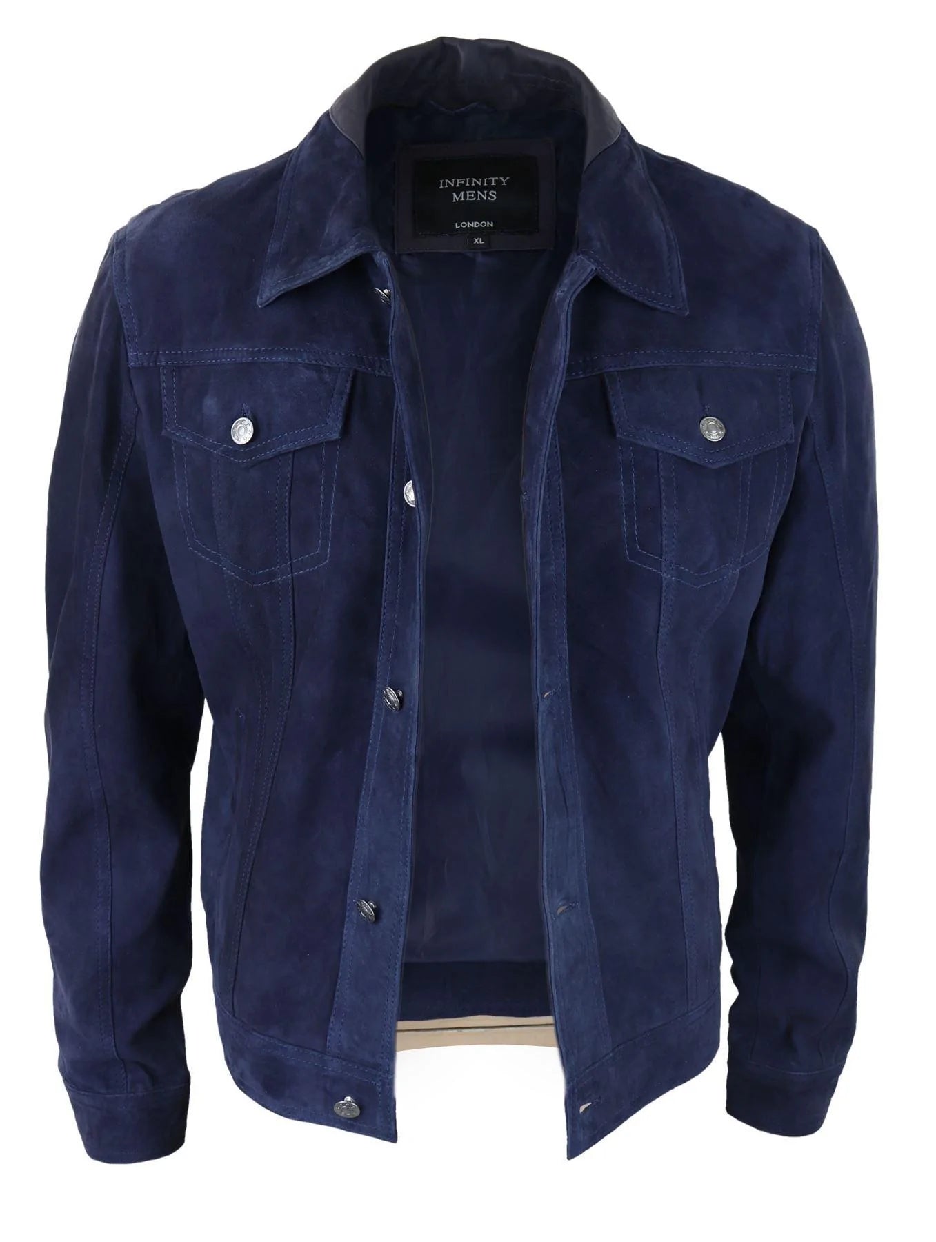 Jaqueta masculina de camurça genuína, calça jeans de couro, shorts jeans, estilo motociclista clássico vintage azul marinho.
