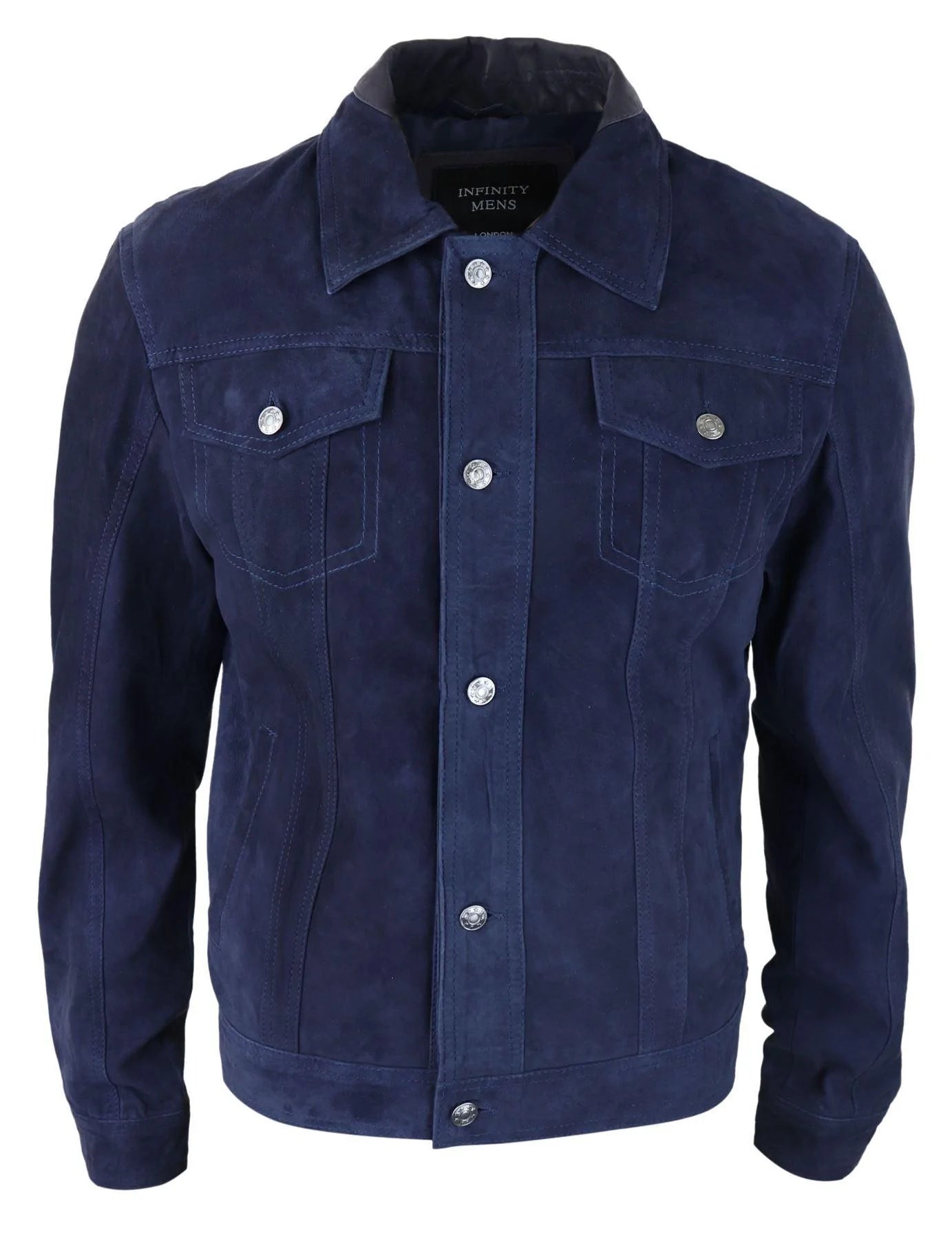 Jaqueta masculina de camurça genuína, calça jeans de couro, shorts jeans, estilo motociclista clássico vintage azul marinho.