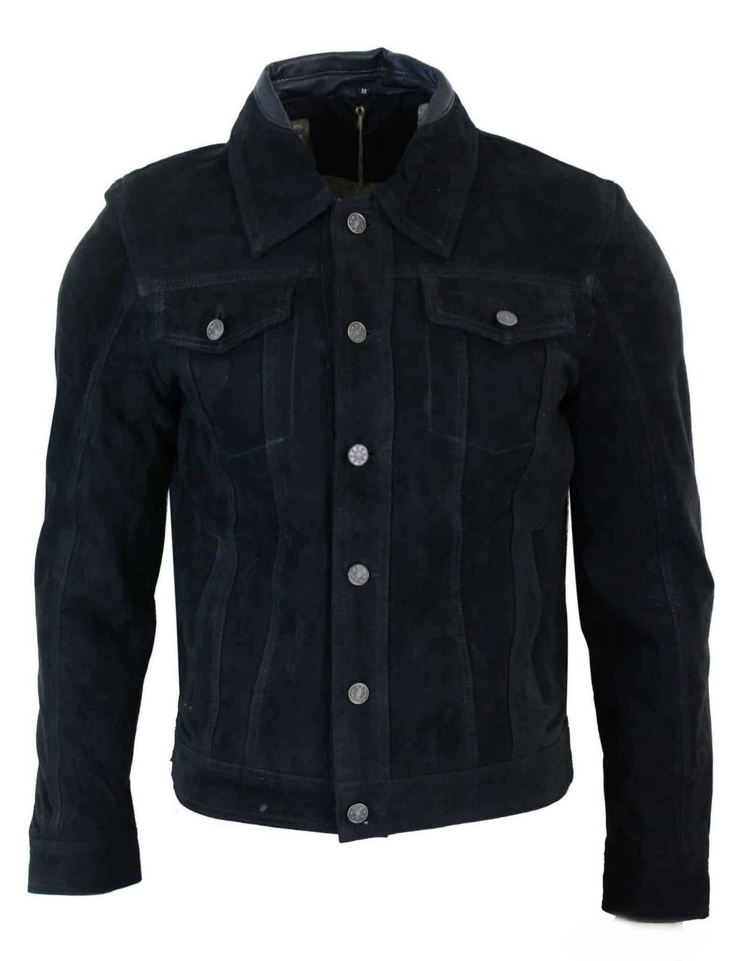 Jaqueta jeans masculina vintage curta estilo retrô em camurça genuína - Cor preta