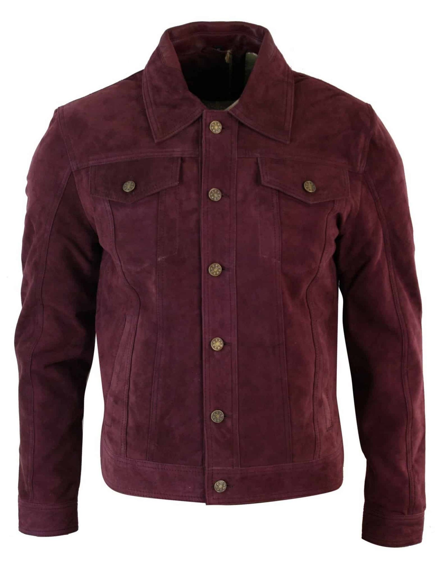 Jaqueta jeans masculina vintage curta estilo retrô em camurça genuína, cor bordô.