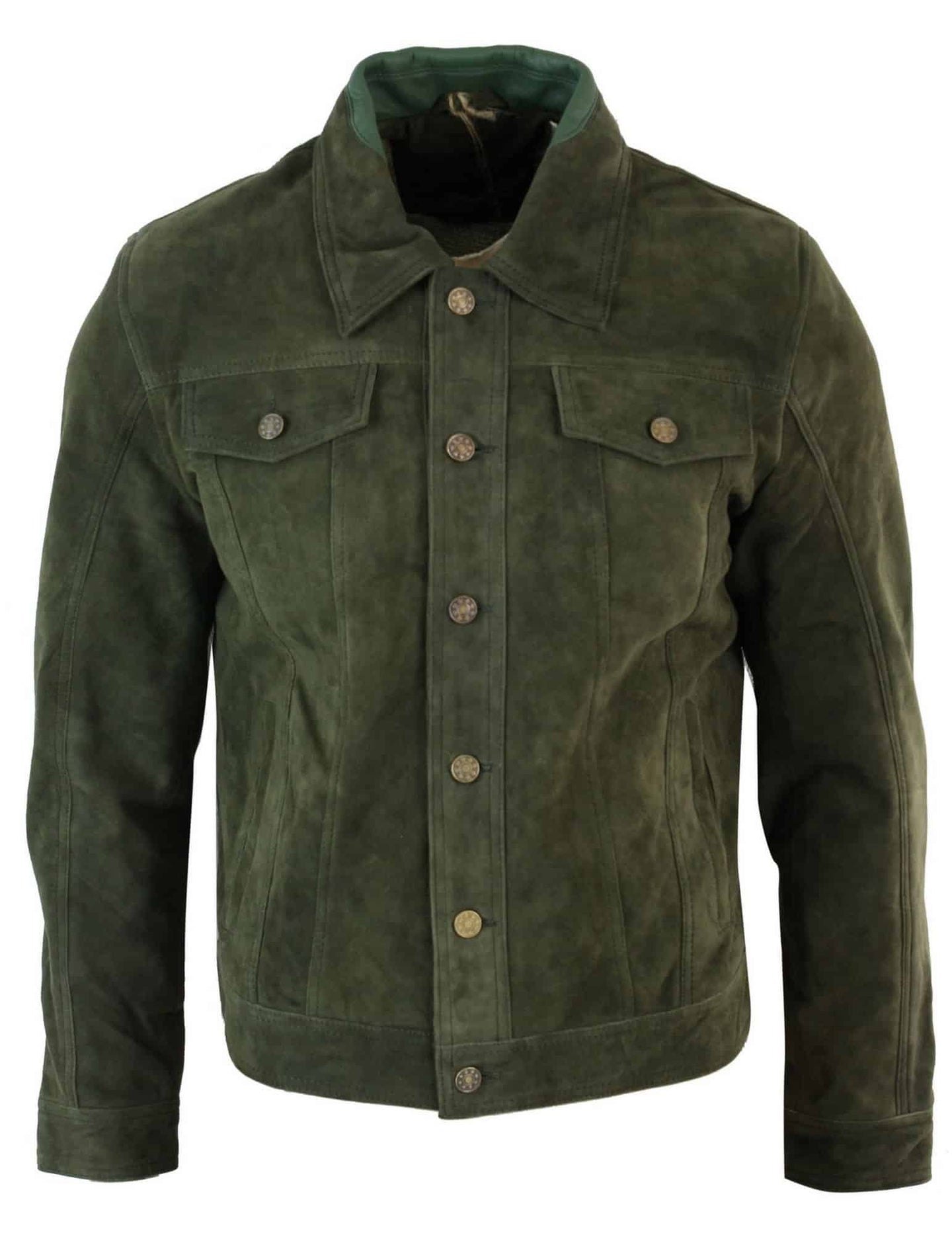 Jaqueta jeans masculina vintage curta estilo retrô em camurça genuína - Cor verde-oliva