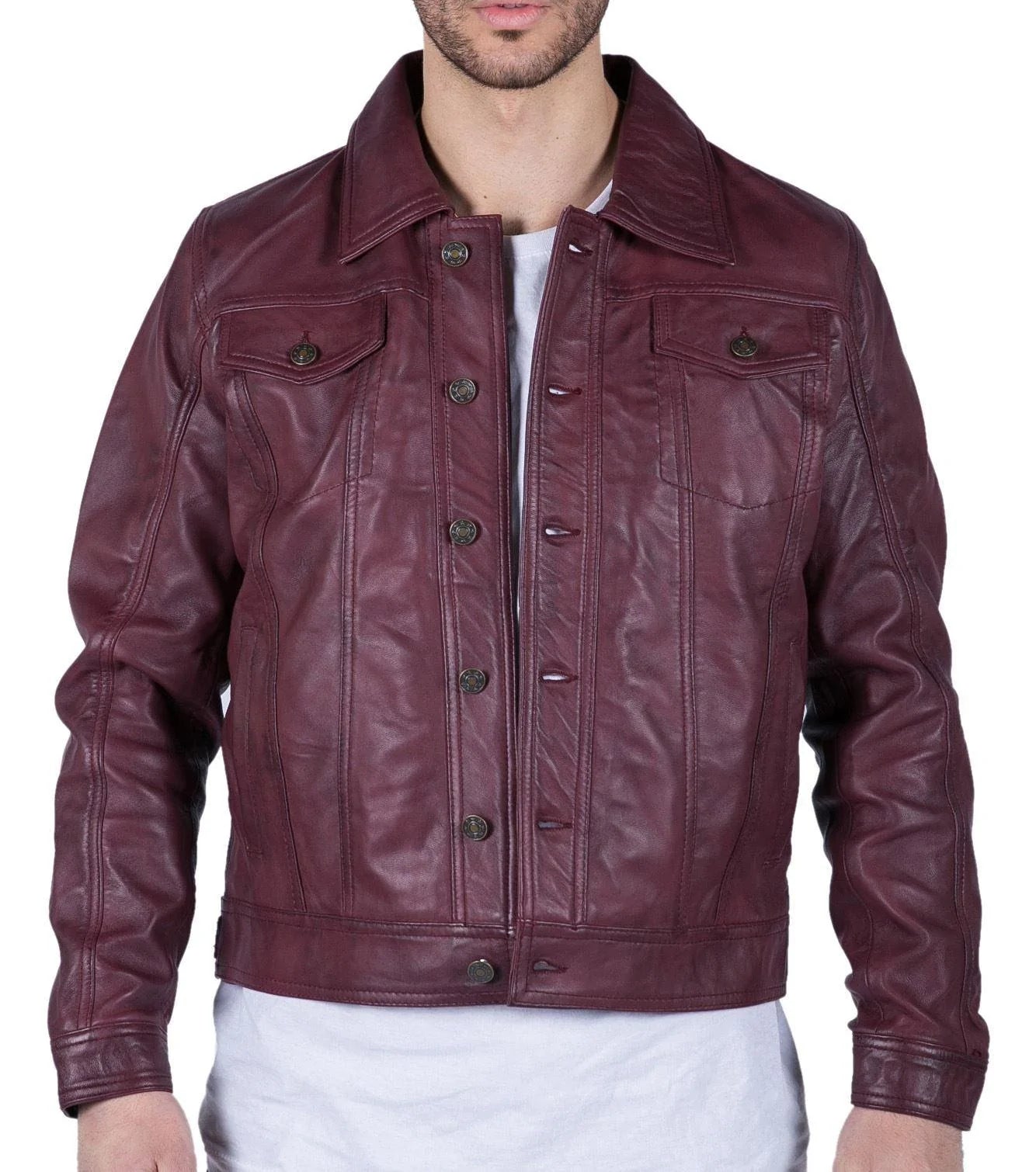 Jaqueta camisa masculina de couro legítimo, cor vinho bordô, estilo retrô jeans, modelo Brando clássico.