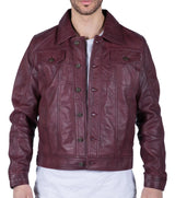Jaqueta camisa masculina de couro legítimo, cor vinho bordô, estilo retrô jeans, modelo Brando clássico.
