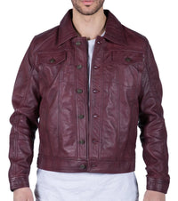 Jaqueta camisa masculina de couro legítimo, cor vinho bordô, estilo retrô jeans, modelo Brando clássico.