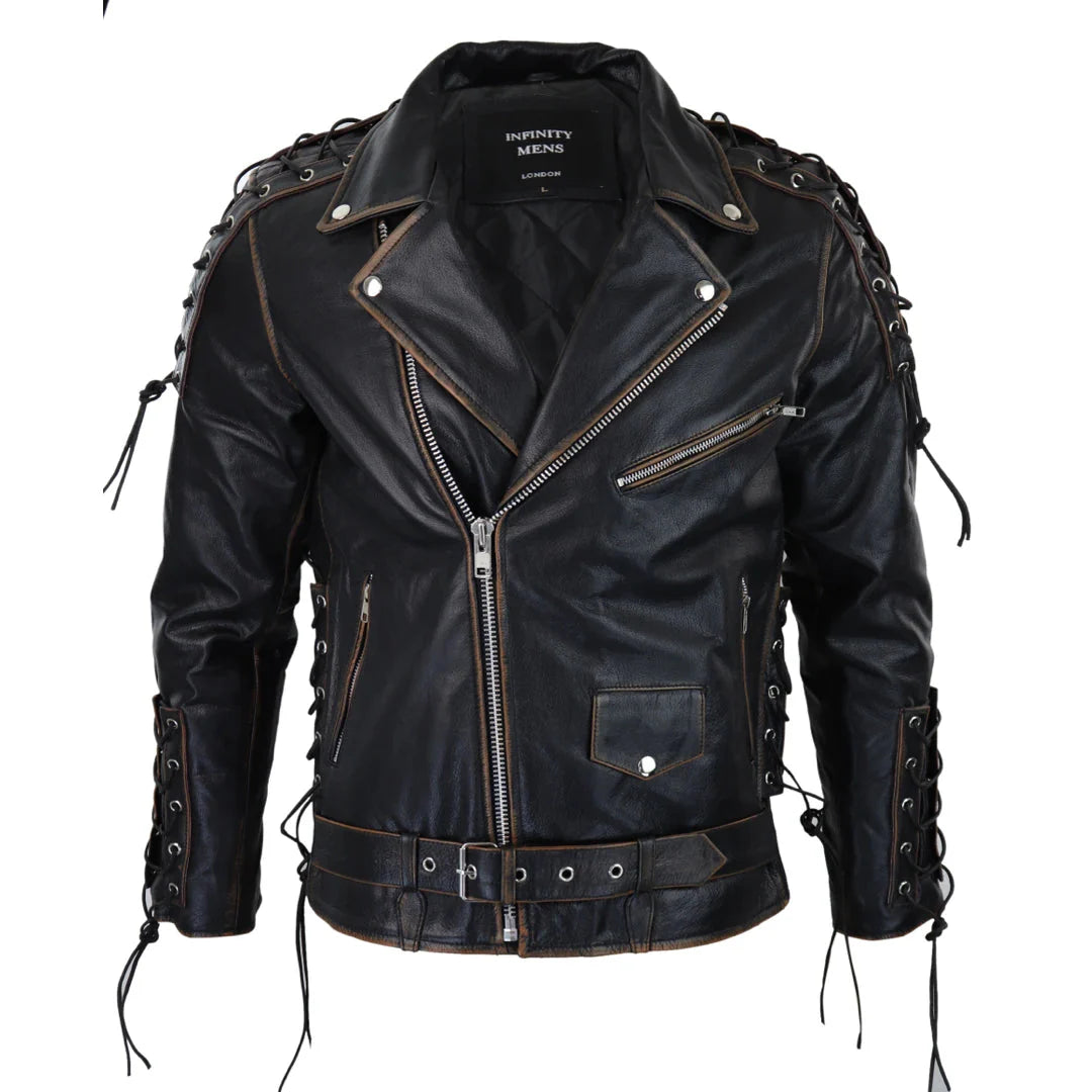 Jaqueta masculina de couro bovino Live To Ride, modelo original com zíper cruzado, estilo motociclista Brando.
