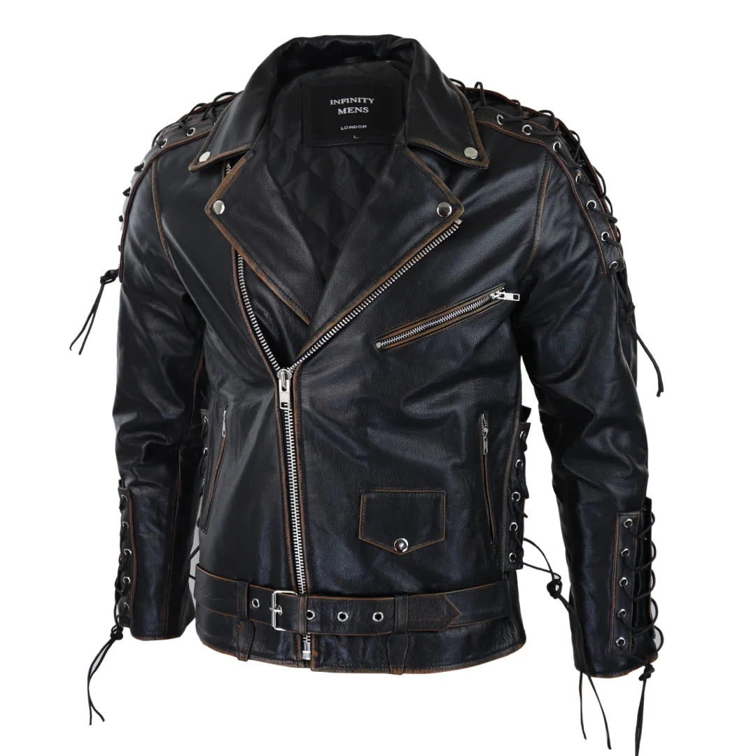 Jaqueta masculina de couro bovino Live To Ride, modelo original com zíper cruzado, estilo motociclista Brando.