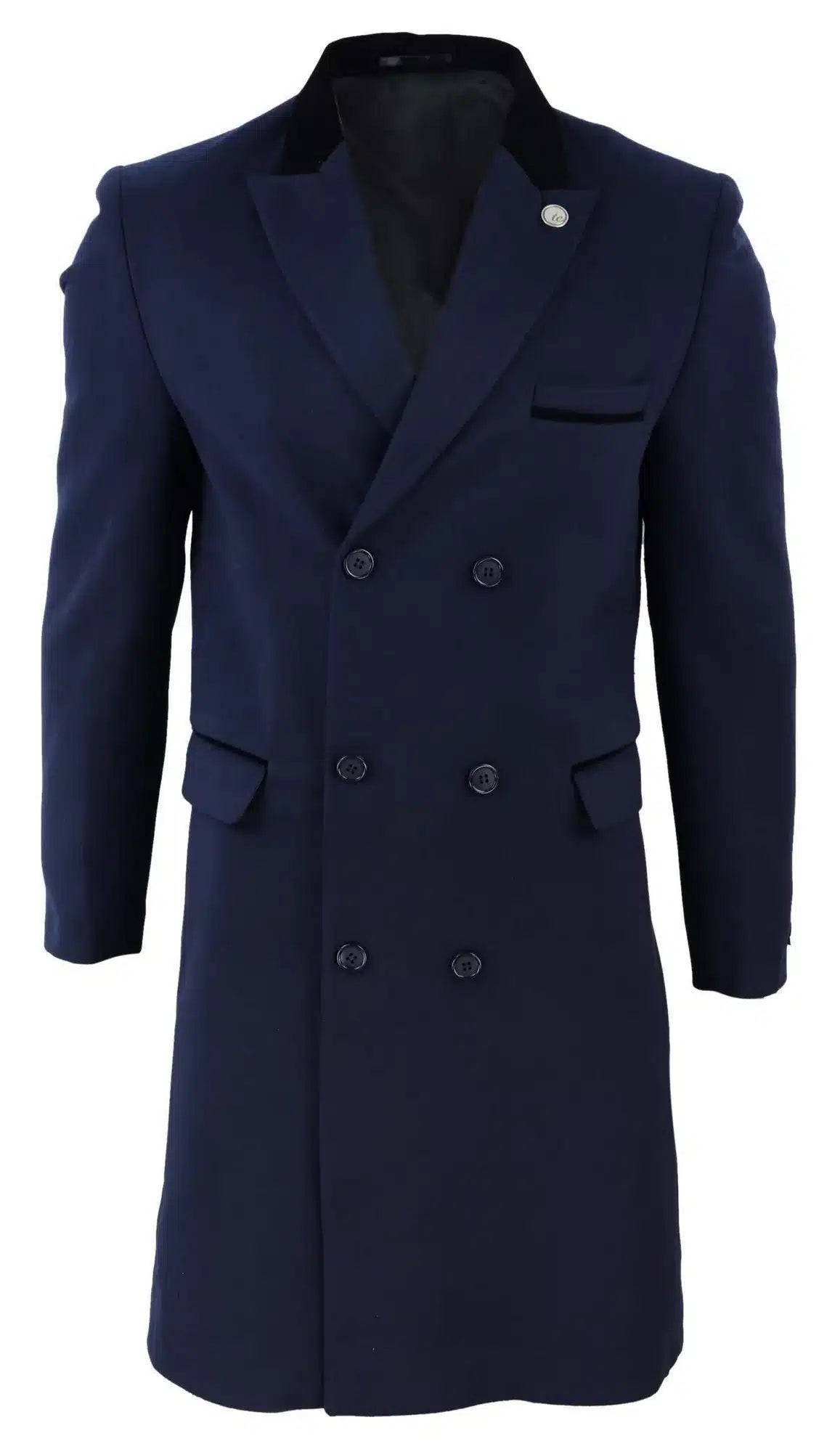 Sobretudo masculino azul-marinho de comprimento 3/4 com abotoamento duplo