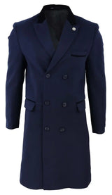 Sobretudo masculino azul-marinho de comprimento 3/4 com abotoamento duplo