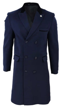 Sobretudo masculino azul-marinho de comprimento 3/4 com abotoamento duplo