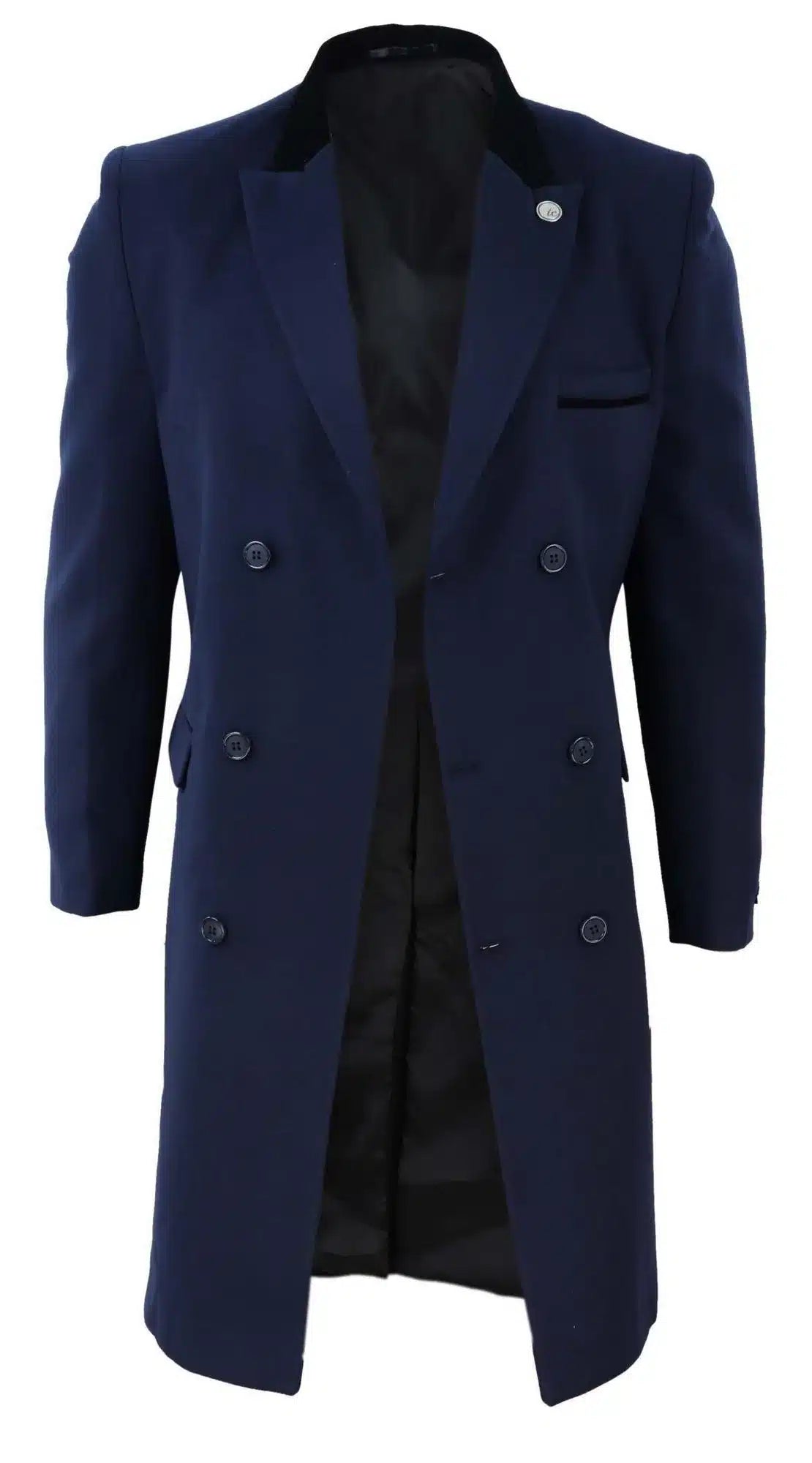 Sobretudo masculino azul-marinho de comprimento 3/4 com abotoamento duplo
