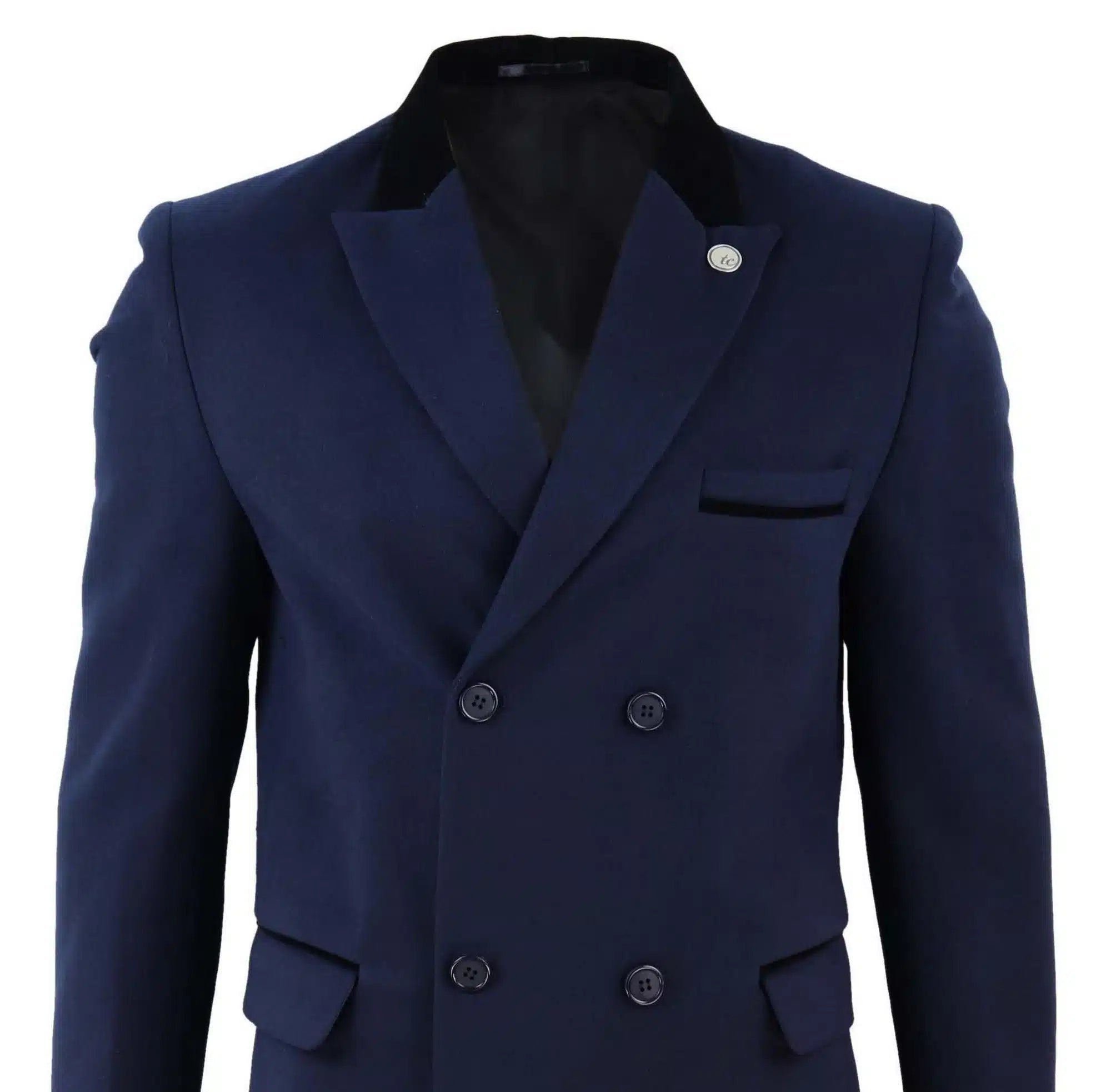 Sobretudo masculino azul-marinho de comprimento 3/4 com abotoamento duplo