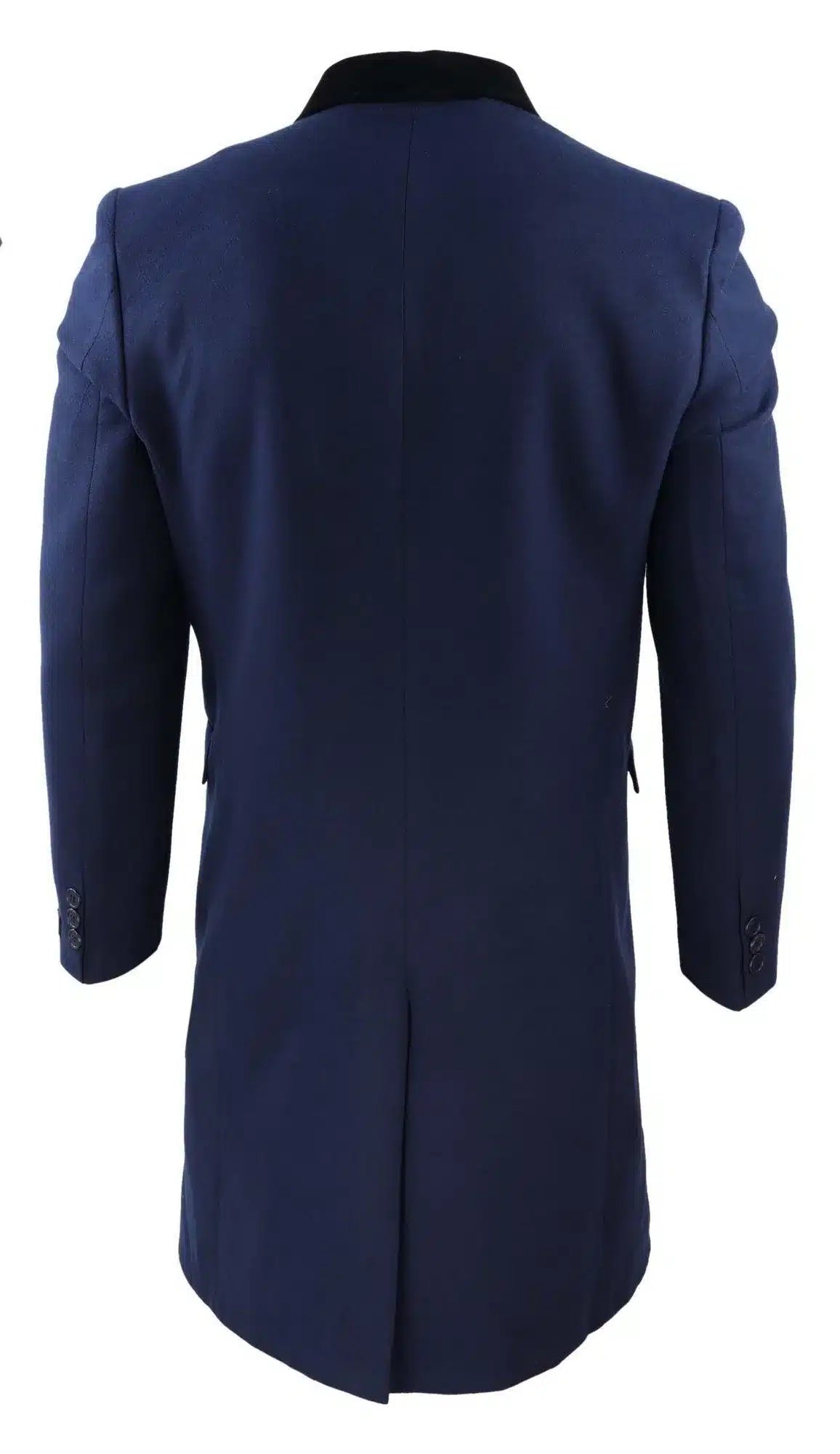 Sobretudo masculino azul-marinho de comprimento 3/4 com abotoamento duplo