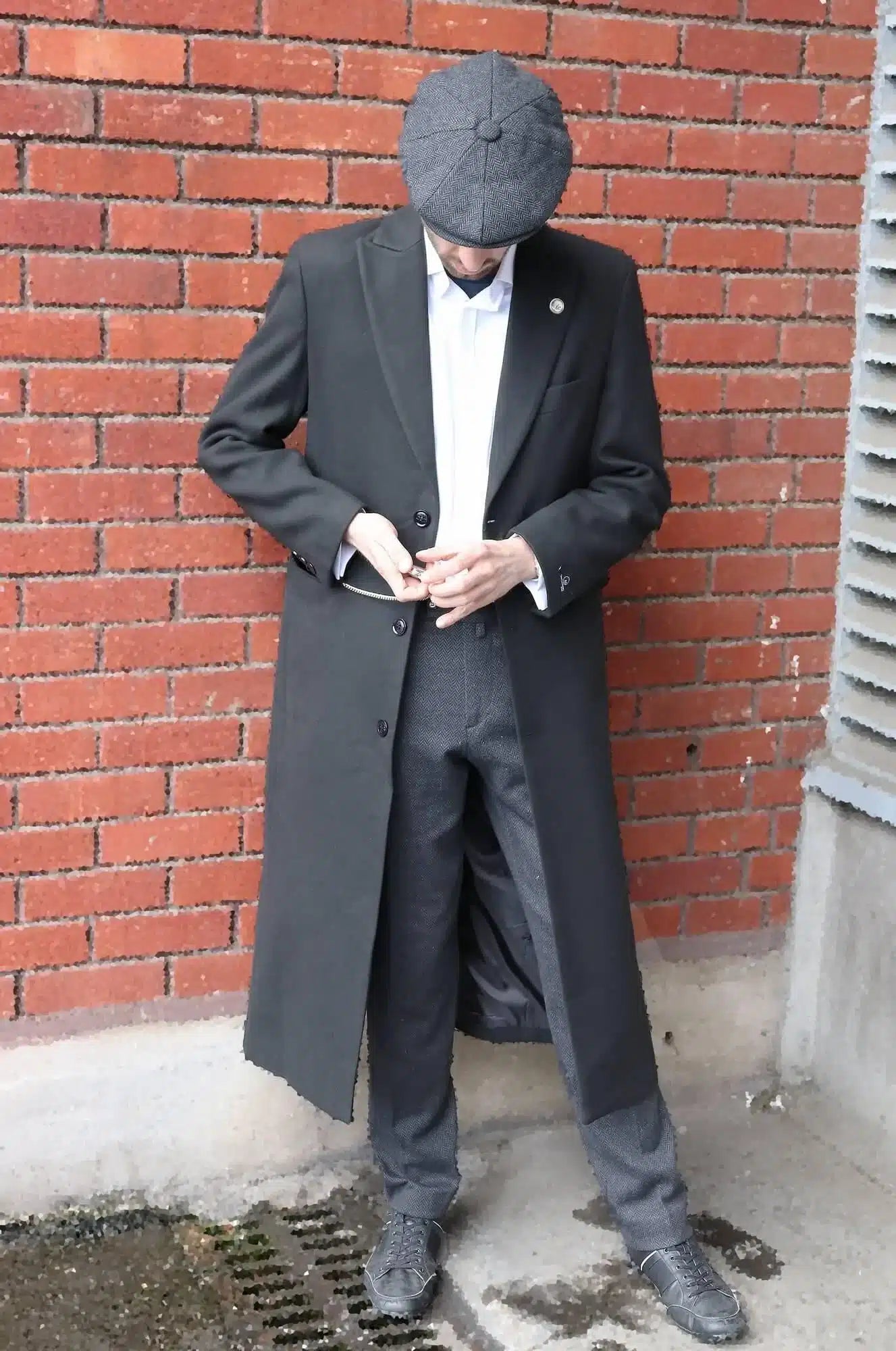 Sobretudo masculino comprido estilo Mac, com toque de lã, cor carvão, anos 1920, Blinders