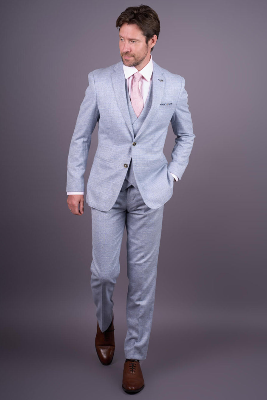 Luis - Terno masculino de 3 peças xadrez azul claro, corte slim,