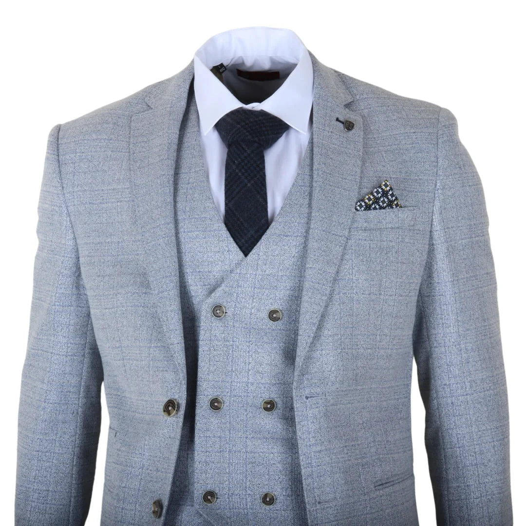 Luis - Terno masculino de 3 peças xadrez azul claro, corte slim,