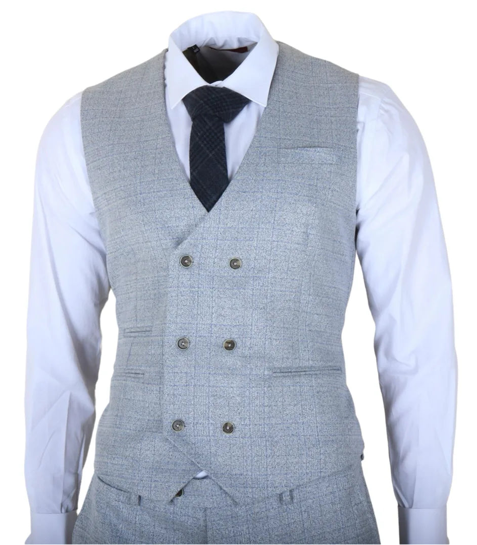 Luis - Terno masculino de 3 peças xadrez azul claro, corte slim,