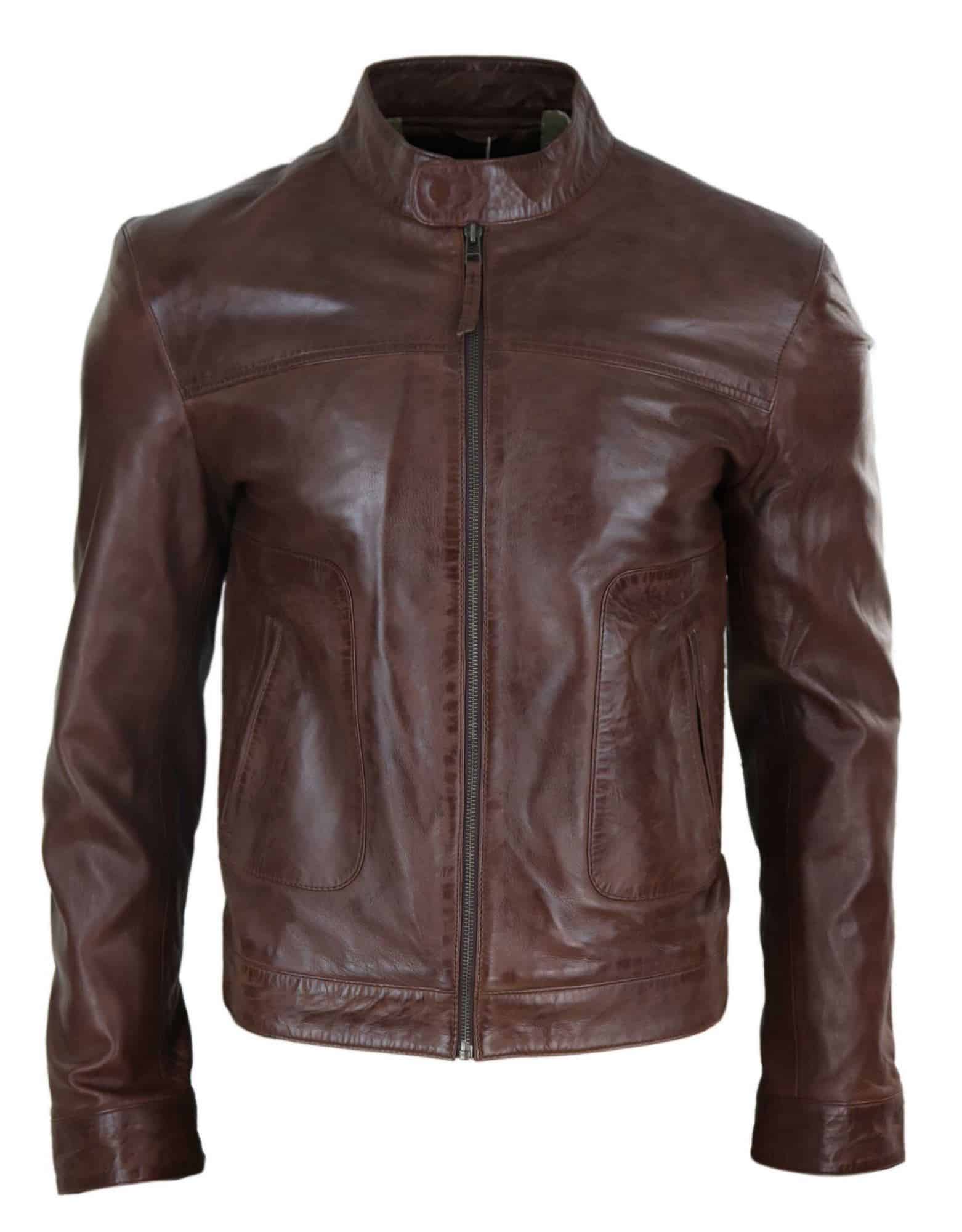 Jaqueta masculina clássica de couro estilo motociclista da Lear Leather - Marrom