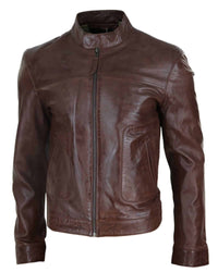 Jaqueta masculina clássica de couro estilo motociclista da Lear Leather - Marrom
