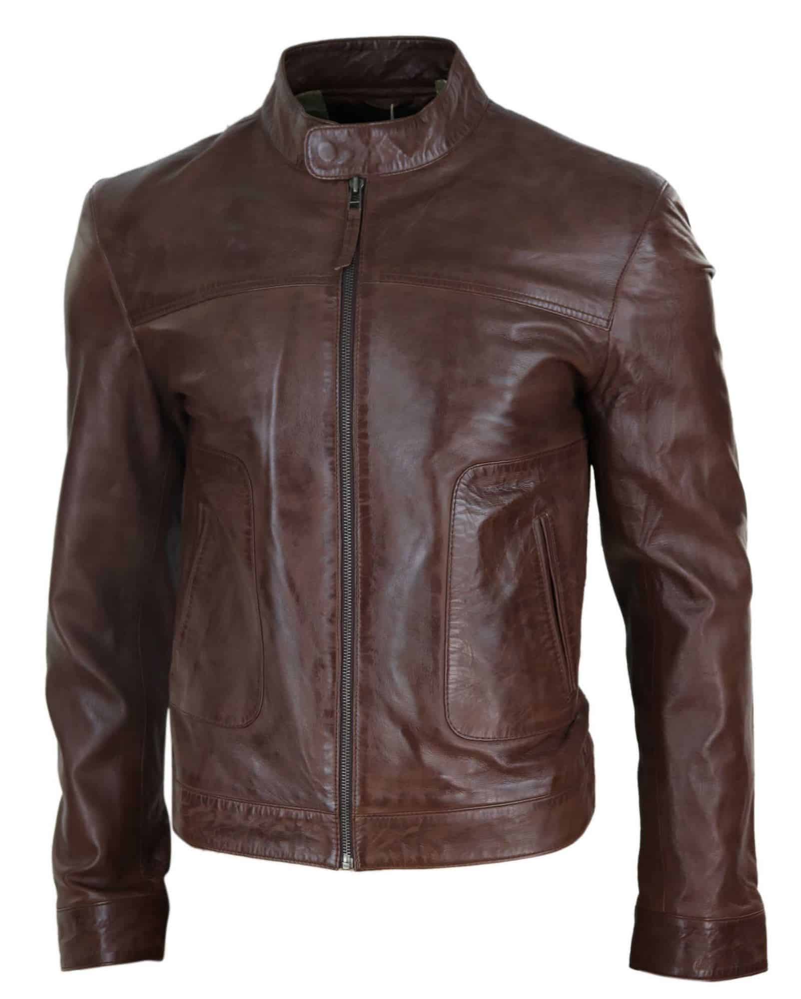 Jaqueta masculina clássica de couro estilo motociclista da Lear Leather - Marrom