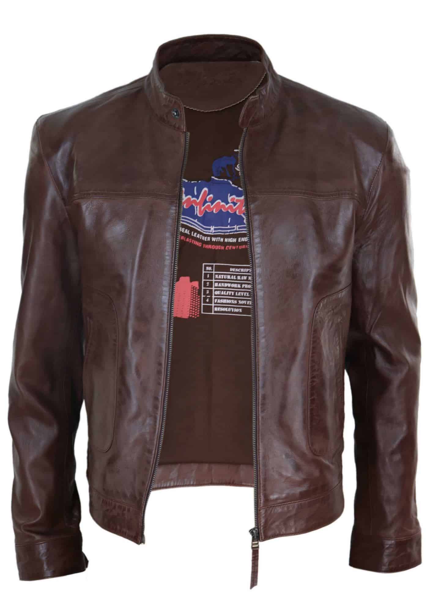 Jaqueta masculina clássica de couro estilo motociclista da Lear Leather - Marrom