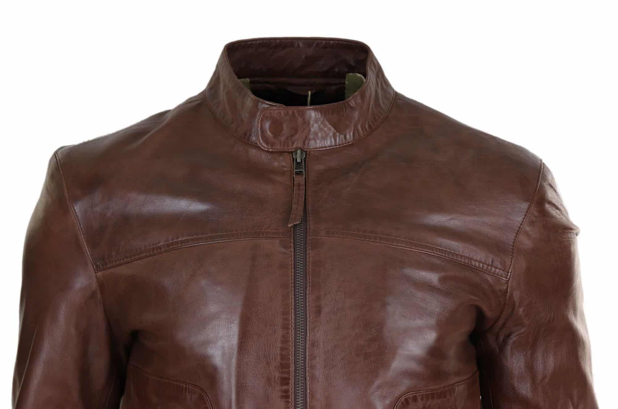 Jaqueta masculina clássica de couro estilo motociclista da Lear Leather - Marrom