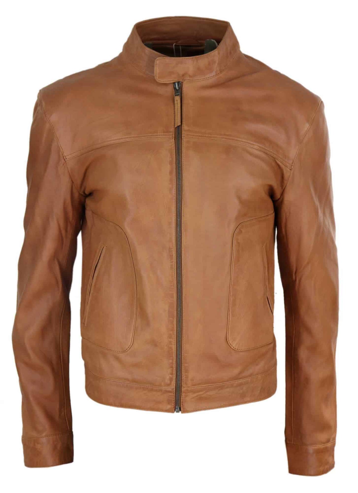 Jaqueta masculina clássica de couro legítimo estilo motociclista - Bege
