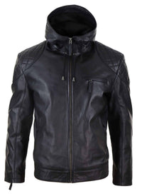 Jaqueta de couro masculina com capuz estilo motociclista - Preta