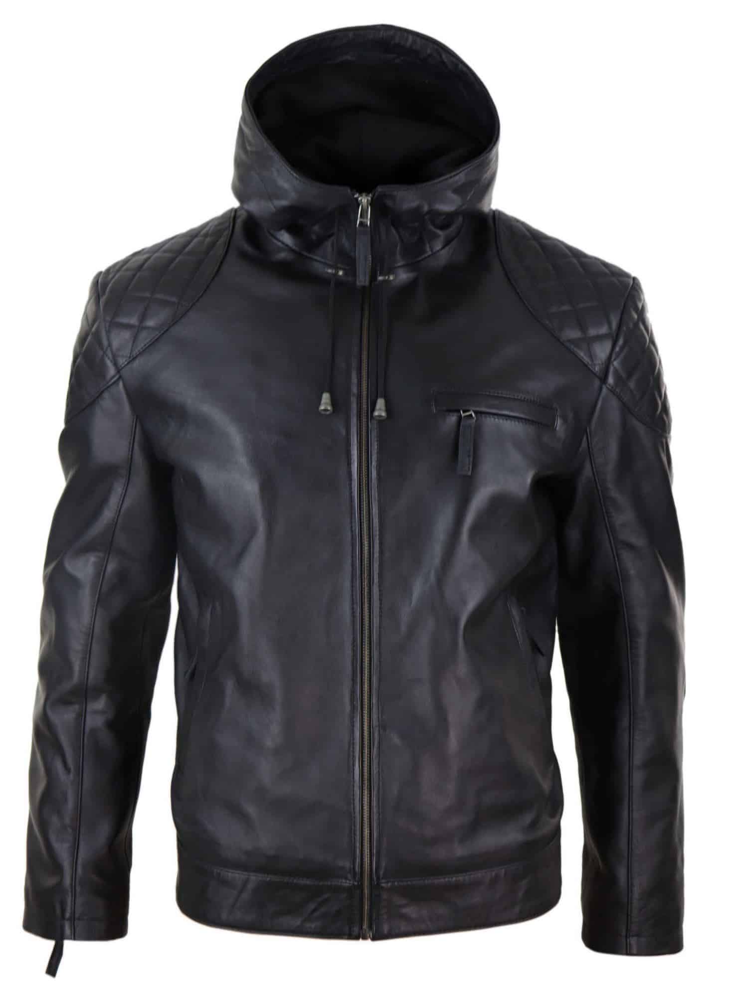 Jaqueta de couro masculina com capuz estilo motociclista - Preta