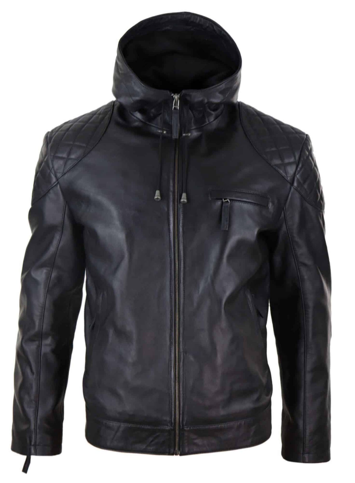 Jaqueta de couro masculina com capuz estilo motociclista - Preta