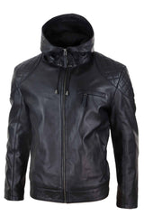 Jaqueta de couro masculina com capuz estilo motociclista - Preta