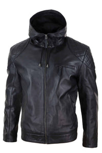 Jaqueta de couro masculina com capuz estilo motociclista - Preta