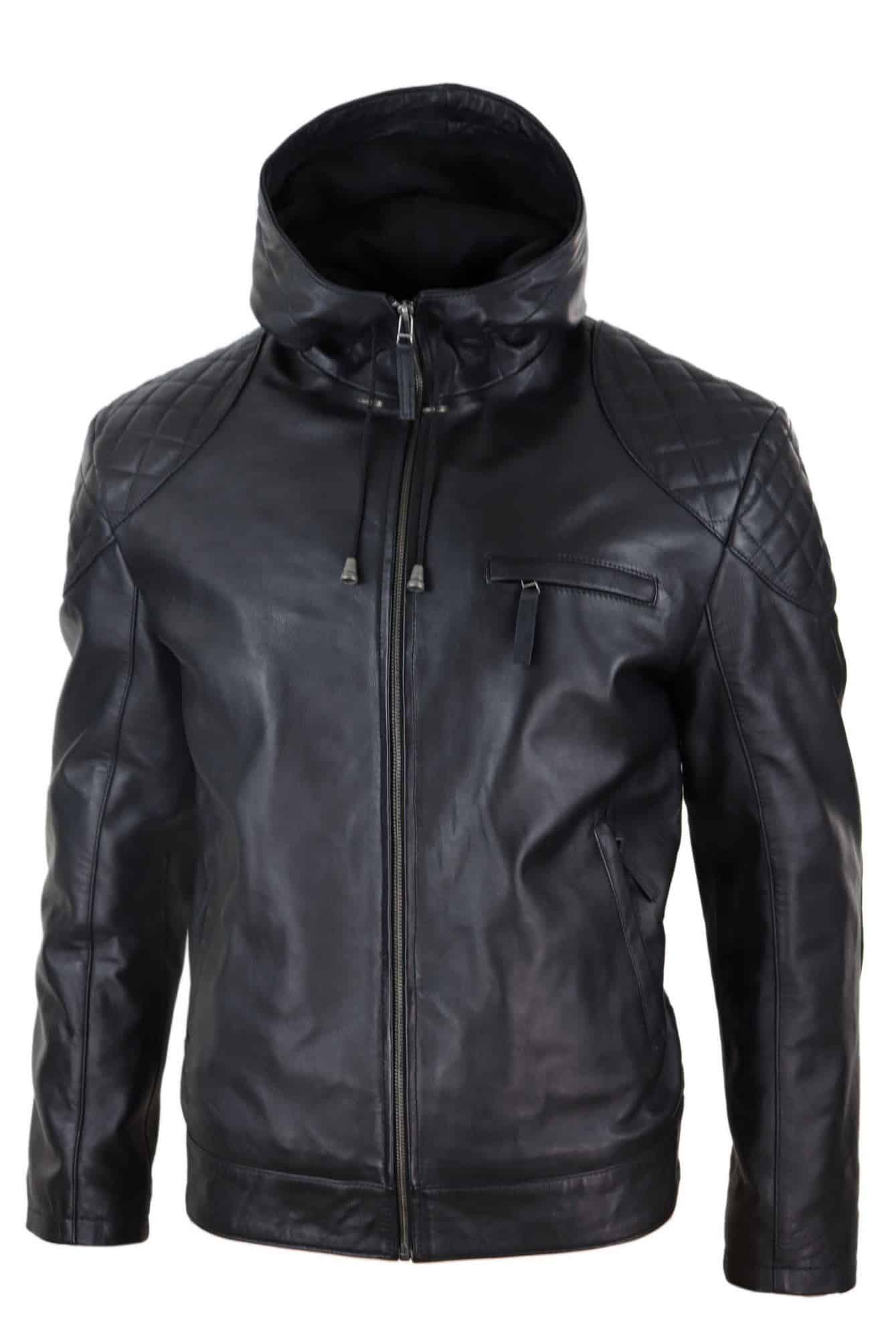 Jaqueta de couro masculina com capuz estilo motociclista - Preta