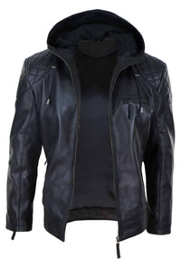 Jaqueta de couro masculina com capuz estilo motociclista - Preta